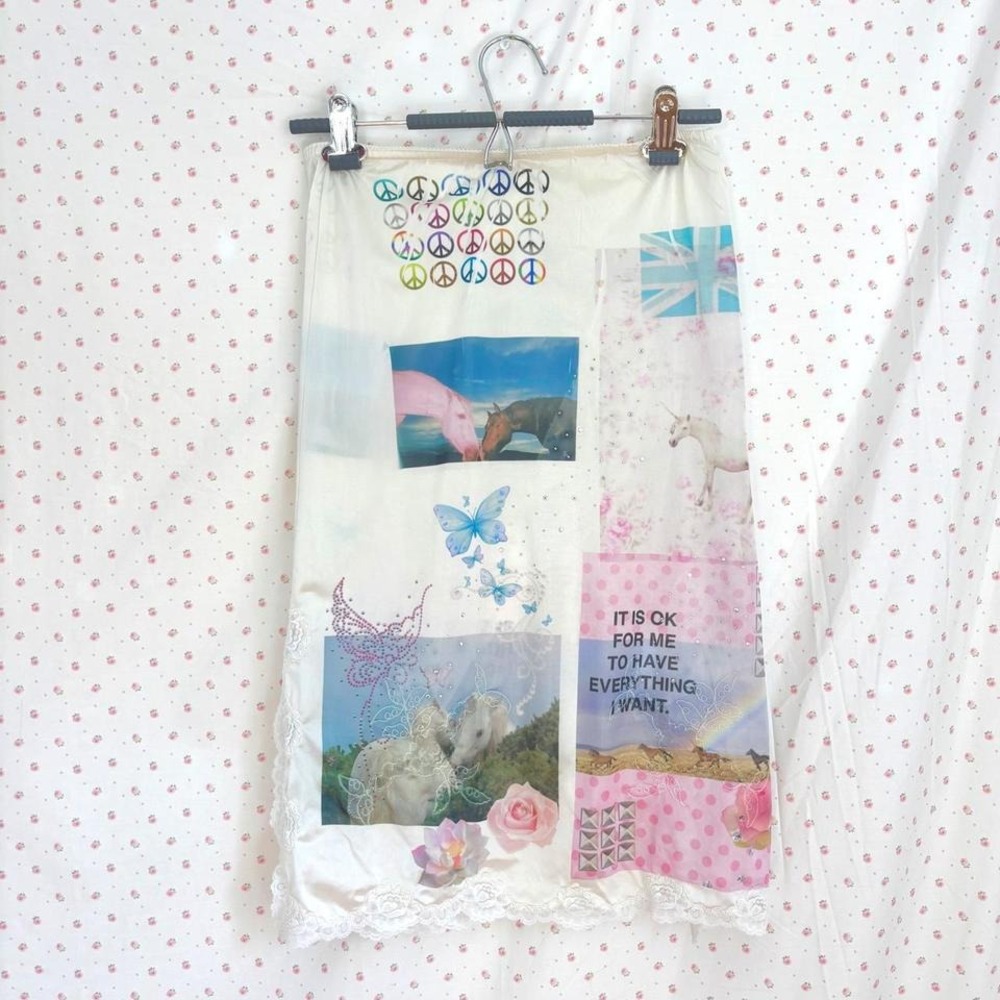 white satin slip skirt lace trim graphic midi skirt saint pink one of one